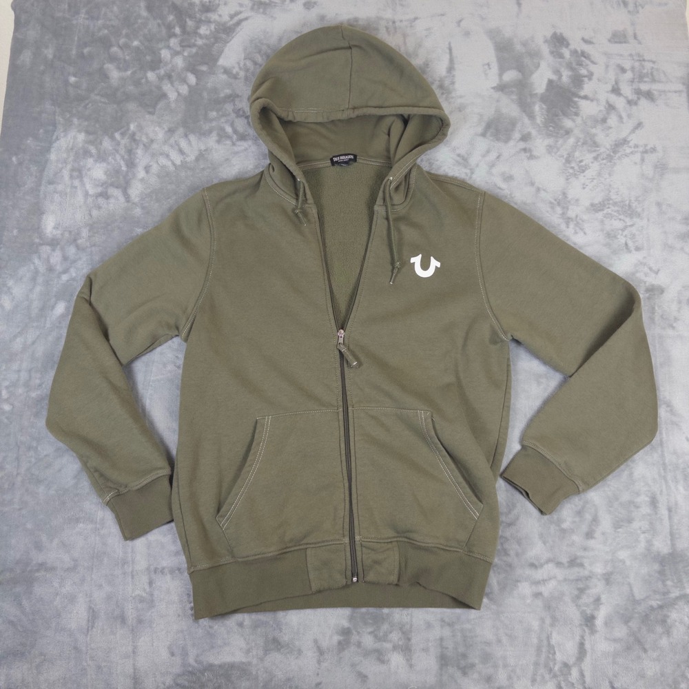 True Religion Hoodie Mens Large Olive Green Zip Up Buddha Graphic Sweatshirt